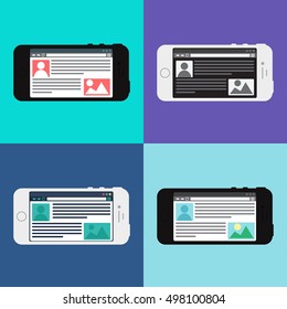 Adaptive Web Phone Template and Gadget Elements for site of blog and infographics on Smartphone. Vector