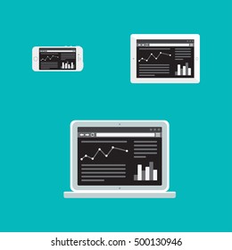 Adaptive Web Phone Template and Gadget Elements for site of blog and infographics on Smartphone, Tablet, Notebook. Outline minimalistic pad, phone, laptop mockups. Vector
