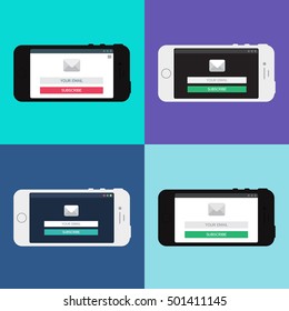 Adaptive Web Phone Template and Gadget Elements for site form of email subscribe, newsletter on Smartphone. Vector