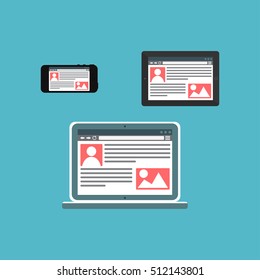 Adaptive Web Phone Template and Gadget Elements for site of blog and infographics on Smartphone, Tablet, Notebook. Outline minimalistic pad, phone, laptop mockups. Vector