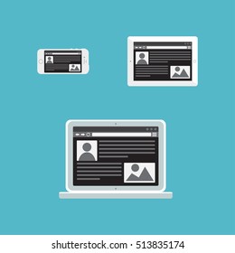 Adaptive Web Phone Template and Gadget Elements for site of blog and infographics on Smartphone, Tablet, Notebook. Outline minimalistic pad, phone, laptop mockups. Vector