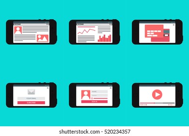 Adaptive Web Phone Template and Gadget Elements for site forms of email subscribe, login to account, watching video, online shopping, blog and infographics on computer. Vector