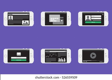 Adaptive Web Phone Template and Gadget Elements for site forms of email subscribe, login to account, watching video, online shopping, blog, infographics on computer. Vector