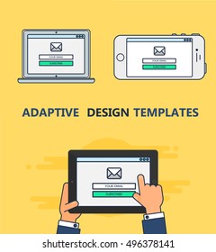 Adaptive Web Template and Gadget Elements for site form of email subscribe, newsletter on Smartphone, Tablet, Notebook. Outline minimalistic pad, phone, laptop mockups with email. Vector email concept