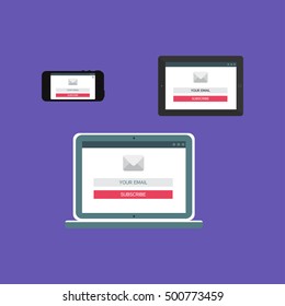 Adaptive Web Template and Gadget Elements for site form of email subscribe, newsletter on Smartphone, Tablet, Notebook. Flat minimalistic pad, phone, laptop mockups. Vector