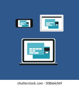 Adaptive Web Template and Gadget Elements for site form of online shopping and enter card data on Smartphone, Tablet, Notebook. Flat minimalistic pad, phone, laptop mockups. Vector