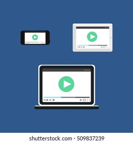 Adaptive Web Template and Gadget Elements for site form of watching online video on Smartphone, Tablet, Notebook. Flat minimalistic pad, phone, laptop mockups. Vector