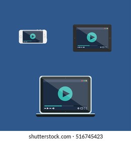 Adaptive Web Template and Gadget Elements for site form of watching online video on Smartphone, Tablet, Notebook. Flat minimalistic pad, phone, laptop mockups. Vector