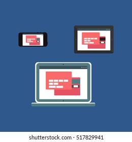 Adaptive Web Template and Gadget Elements for site form of online shopping and enter card data on Smartphone, Tablet, Notebook. Flat minimalistic pad, phone, laptop mockups. Vector