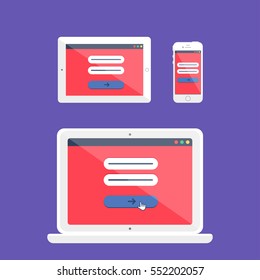 Adaptive Web Template and Gadget Elements for site form of email subscribe, newsletter or login to account, submit on Smartphone, Tablet, Notebook. Flat minimalistic pad, phone, laptop mockups. Vector