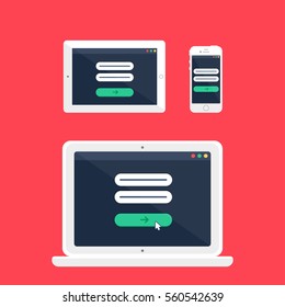 Adaptive Web Template and Gadget Elements for site form of email subscribe, newsletter or login to account, submit on Smartphone, Tablet, Notebook. Flat minimalistic pad, phone, laptop mockups. Vector