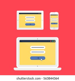 Adaptive Web Template and Gadget Elements for site form of email subscribe, newsletter or login to account, submit on Smartphone, Tablet, Notebook. Flat minimalistic pad, phone, laptop mockups. Vector