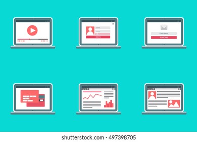 Adaptive Web Template for site forms of email subscribe, login to account, watching video, online shopping, blog and infographics on computer. Vector
