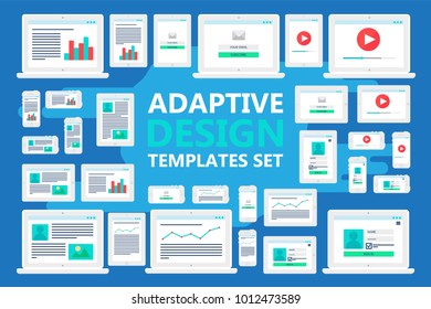 Adaptive Web Templates for site forms of email subscribe, login to account, watching video, online shopping, blog and infographics on computer, smartphone and tablet. Vector