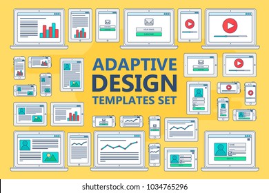Adaptive Web Templates for site forms of email subscribe, login to account, watching video, online shopping, blog and infographics on computer, smartphone and tablet. Vector