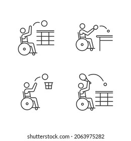 Adaptive wheelchair sports linear icons set. Professional team competitions. Sportsman with disability. Customizable thin line contour symbols. Isolated vector outline illustrations. Editable stroke