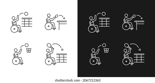 Adaptive Wheelchair Sports Linear Icons Set For Dark And Light Mode. Competitive Events. Disabled Athlete. Customizable Thin Line Symbols. Isolated Vector Outline Illustrations. Editable Stroke