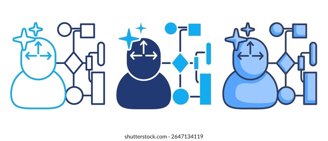 Adaptive workflow icon represented by human avatar, arrow, algorithm Blue, Dualline, Dualtone style.