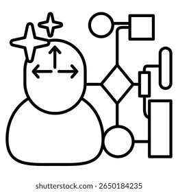 Adaptive workflow icon represented by human avatar, arrow, algorithm Line style.