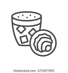 Adaptogen Kaffee-Symbol. Dünne Linie Illustration eines Wellness-Drinks mit Würfeln und einem medizinischen Pilz, Symbolisierung funktionalen Getränks, Kräuterelixier und Superfood Latte. Isolierte Vektorgrafik-Umrissanzeige.