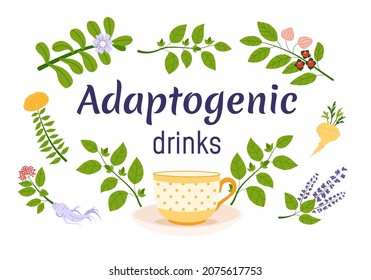 Adaptogen drinks concept. Set of ayurvedic herbs and cup. Flat vector illustration.