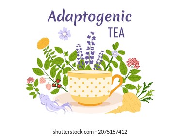 Adaptogen Tea Concept. Set Of Ayurvedic Herbs And Cup. Flat Vector Illustration.