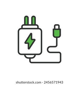 Adaptor, in line design, green. Adapter, Plug, Socket, Connector, Power, Electricity, Device on white background vector. Adaptor editable stroke icon.
