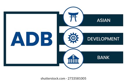 ADB - Banco Asiático de Desarrollo acrónimo. fondo de concepto de negocio. concepto de Ilustración vectorial con Palabras claves e íconos. ilustración de letras con íconos para Anuncio de Web, volante, página de aterrizaje