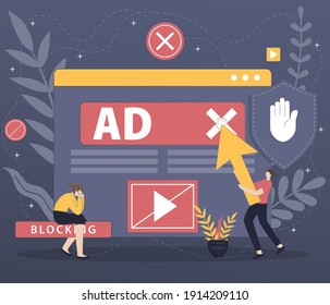 Adblock software vector illustration concept with character. website Adblock, anti-spam digital shield. Good for websites, landing pages, mobile applications, posters, and banners
