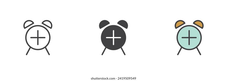 Add alarm reminder different style icon set. Line, glyph and filled outline colorful version, outline and filled vector sign. Clock with plus Symbol, logo illustration. Vector graphics