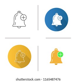 Add alert icon. Bell with plus sign. Notification. Reminder alarm. Flat design, linear and color styles. Isolated vector illustrations