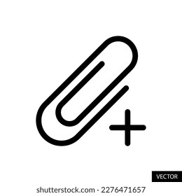 Add attachment, paper clip with plus sign vector icon in line style design for website, app, UI, isolated on white background. Editable stroke. EPS 10 vector illustration.