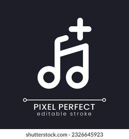 Añadir un icono de ui lineal perfecto en píxeles de audio para el tema oscuro. Reemplazar música en video. Combina secuencias y canciones. Pictograma de la línea del vector. Símbolo de interfaz de usuario aislado para el modo nocturno. Trazo editable