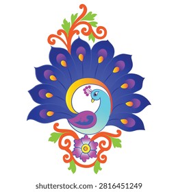 Add an authentic touch of heritage to your projects with this vibrant stylized peacock vector illustration. Isolated on a clean white background, the design showcases a majestic peacock displaying its magnificent fan of deep blue feathers adorned with glowing orange and purple eyespots. Enclosed by decorative orange swirls, green leaves, and a blooming pink floral base motif, this artwork draws beautifully from traditional South Asian folk art. It serves as an ideal graphic asset for cultural festival banners, ethnic wedding invitations, greeting cards, textile printing, and festive branding.#PeacockVector #FolkArt #TraditionalIllustration #EthnicDesign #SouthAsianCulture #GraphicElement #CulturalHeritage #PeacockFeathers #FloralMotif