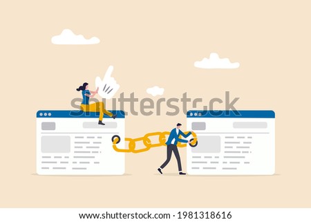 Add back link to website in increase quality score in SEO, search engine optimization concept, people digital team attach chain link to websites browser for SEO optimization.