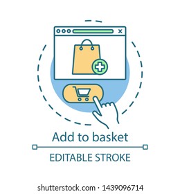 Add to basket concept icon. Digital purchase idea thin line illustration. Online shopping. Internet marketing. Online retail. Select items. Place order. Vector isolated drawing. Editable stroke