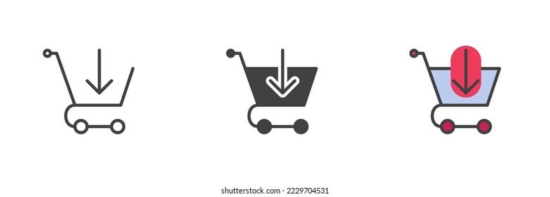 Añadir a la canasta un conjunto de iconos de estilo diferente. Línea, glifo y contorno relleno versión colorida, contorno y signo vectorial relleno. Carro de compras y símbolo de flecha, ilustración del logotipo. Gráficos vectoriales