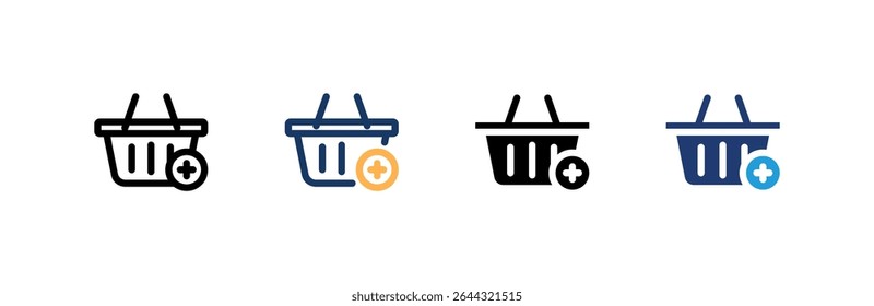 Ícone Adicionar à cesta define várias coleções de estilos. Ilustração vetorial.