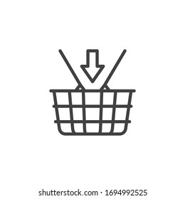 Add to basket line icon. linear style sign for mobile concept and web design. Shopping Basket With Down Arrow outline vector icon. Symbol, logo illustration. Vector graphics