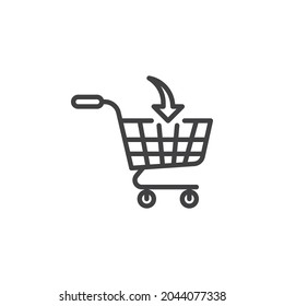 Add to basket line icon. linear style sign for mobile concept and web design. Shopping cart with arrow inside outline vector icon. Buy symbol, logo illustration. Vector graphics