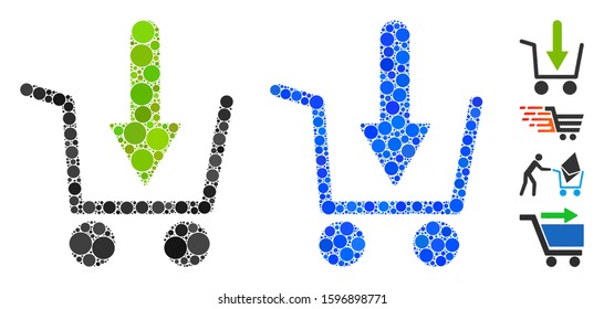 Add to basket mosaic of small circles in various sizes and color tints, based on add to basket icon. Vector small circles are combined into blue composition.