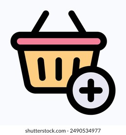 Añadir A La Cesta, Cesta De La Compra, Icono De Vector De Cubo, Icono De Vector De Color Lineal Aislado.
