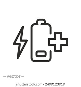 add battery charge icon, extra battery capacity, charging process, linear vector illustration