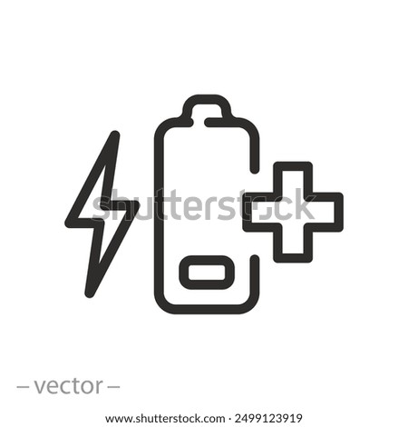 add battery charge icon, extra battery capacity, charging process, linear vector illustration