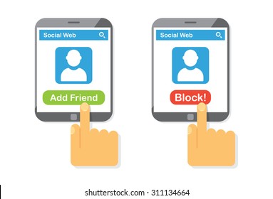 Add and Block Friend, illustration touch button add friend and block on social web page.