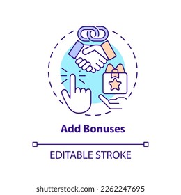Add bonuses concept icon. Incentives for customers. Begin affiliate program abstract idea thin line illustration. Isolated outline drawing. Editable stroke. Arial, Myriad Pro-Bold fonts used