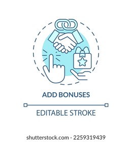 Add bonuses turquoise concept icon. Incentives for customers. Begin affiliate program abstract idea thin line illustration. Isolated outline drawing. Editable stroke. Arial, Myriad Pro-Bold fonts used