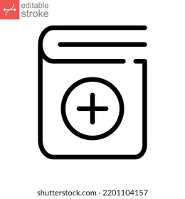 Icono de añadir libro. Creando nueva carpeta. diccionario de portada con símbolo más para añadir archivo de literatura. signo de estante para el logotipo de la aplicación web. Ilustración del vector de trazo editable. Diseño en fondo blanco. EPS 10