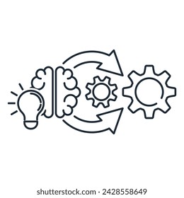 Add brains and intelligence to the mechanism. Smart machine.Connect progress.Improve  equipment.Vector linear icon isolated on white background.