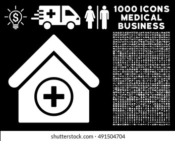 Add Building icon with 1000 medical commercial white vector pictograms. Clipart style is flat symbols, black background.